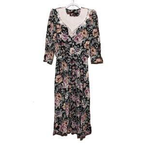 Vintage Lisa II 80s Lace Collar Floral Dress Size 14 Puff Sleeve